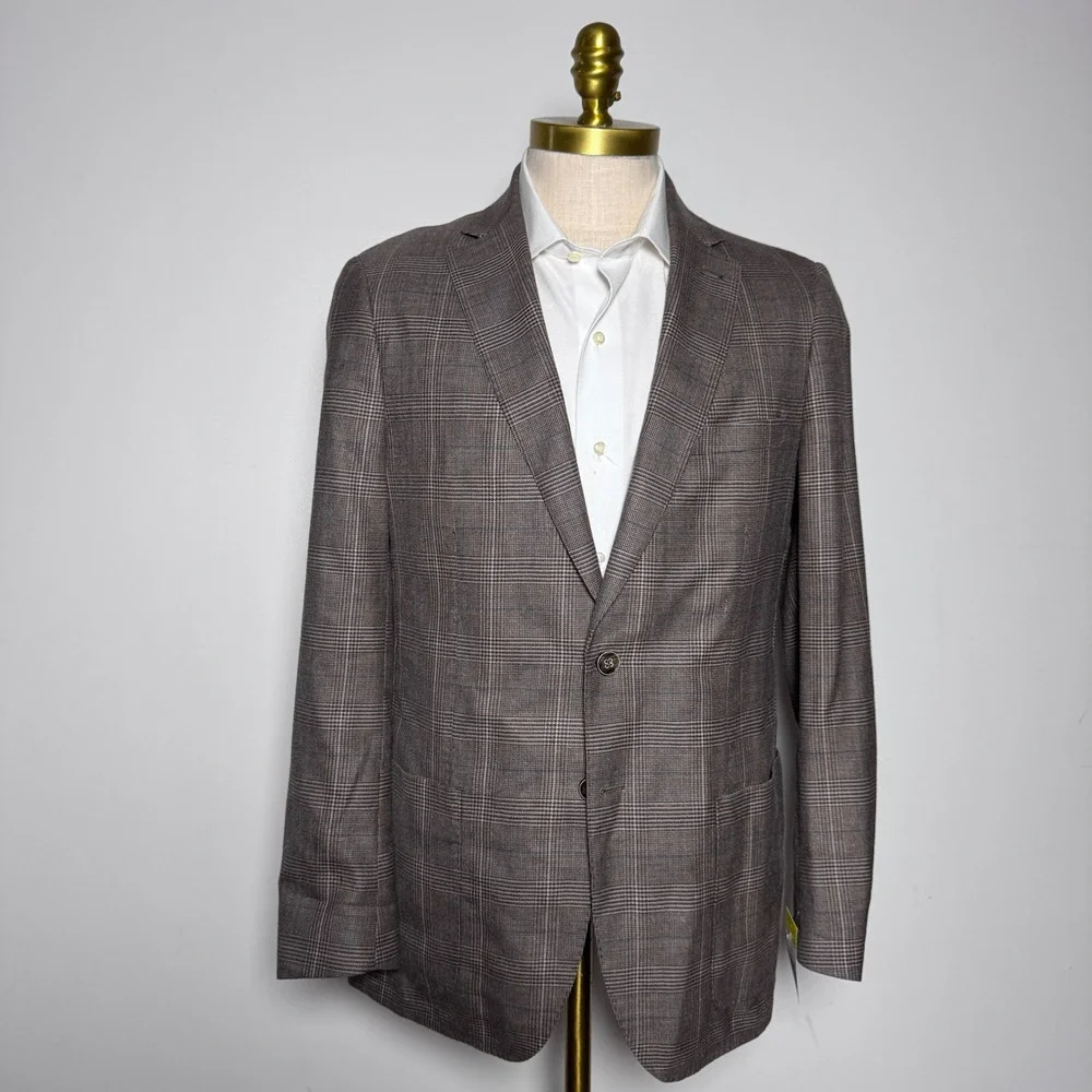 Peter Millar Sport Coat Mens Medium Brown Blue Glen Plaid Wool Silk Linen